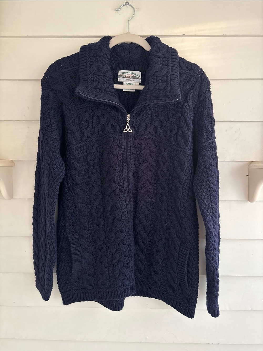 Aran Crafts Merino Wool Zip Front Irish Navy Cable Knit Sweater Women’s Size M